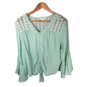 Studio JPR Mint Green Cotton Gauze Lace Bell Sleeve Tie Front Women’s Sz L